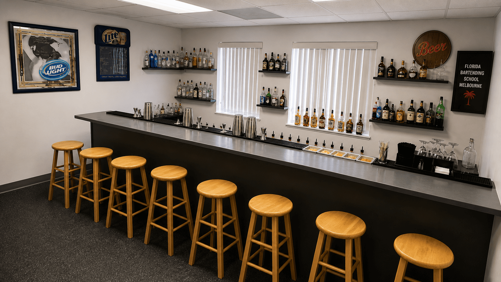 Bartending classroom and practice bar stations at Florida Bartending School in Melbourne